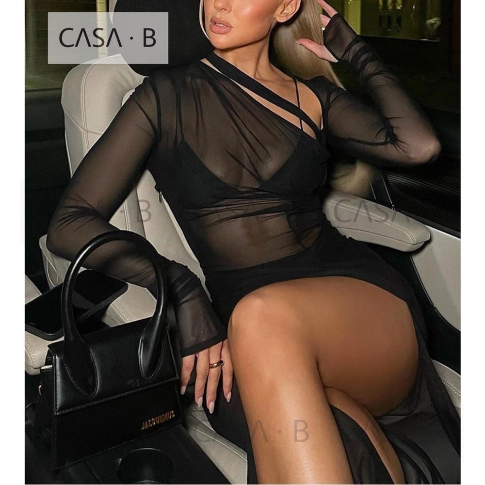 5⭐️ CASA B | Cannes Tulle Twist-front Designer Sheath High-Slit Black Maxi Dress